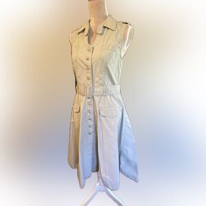 For the Republic Sleeveless Button-Front Belted Shirt Dress - Light Beige